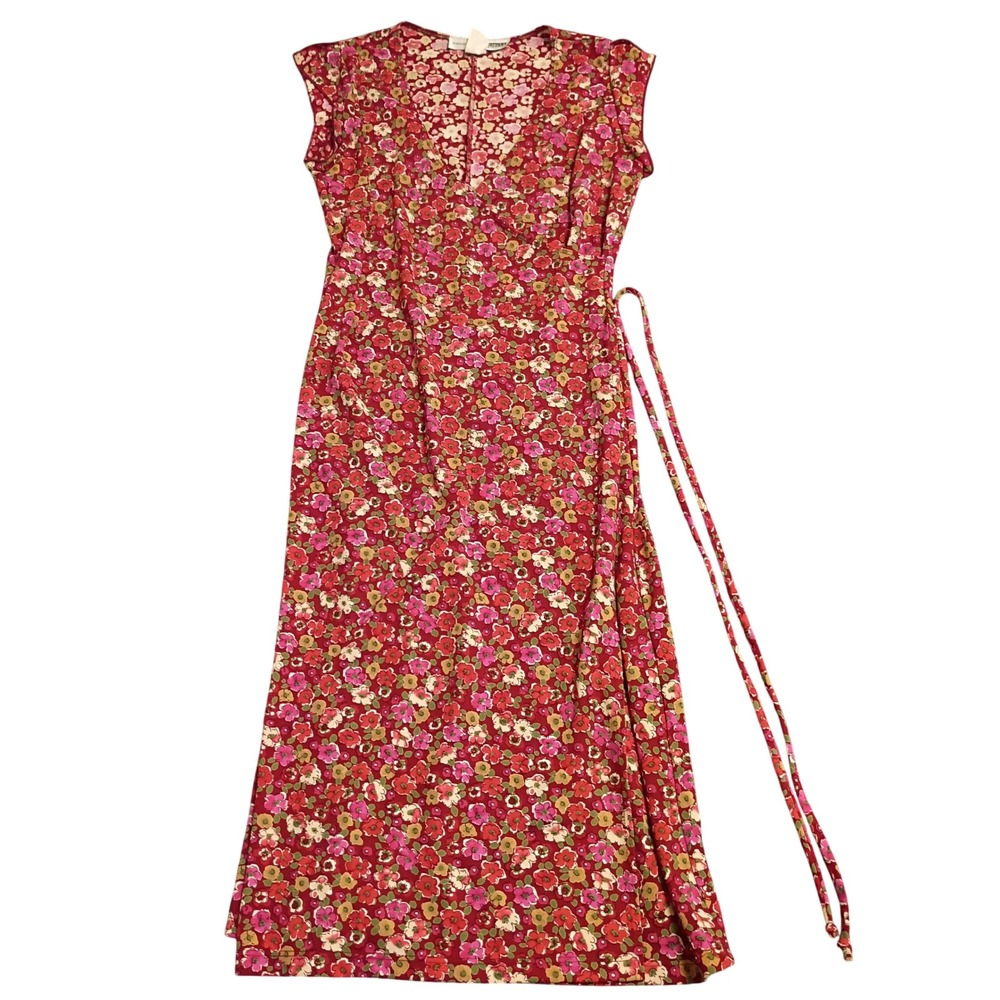 Necessary Objects Floral Wrap Midi Dress Womens S Red Vintage 90s Boho V-Neck
